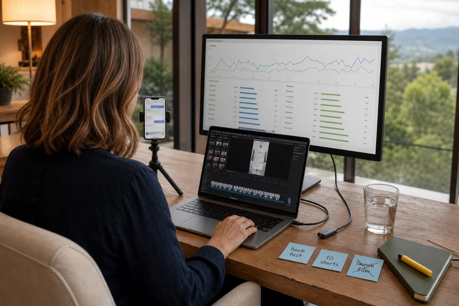 Solo founder at a home office desk reviewing short video clips on a laptop and large monitor, phone on a stand, sticky notes labeled hook test and 10 shorts