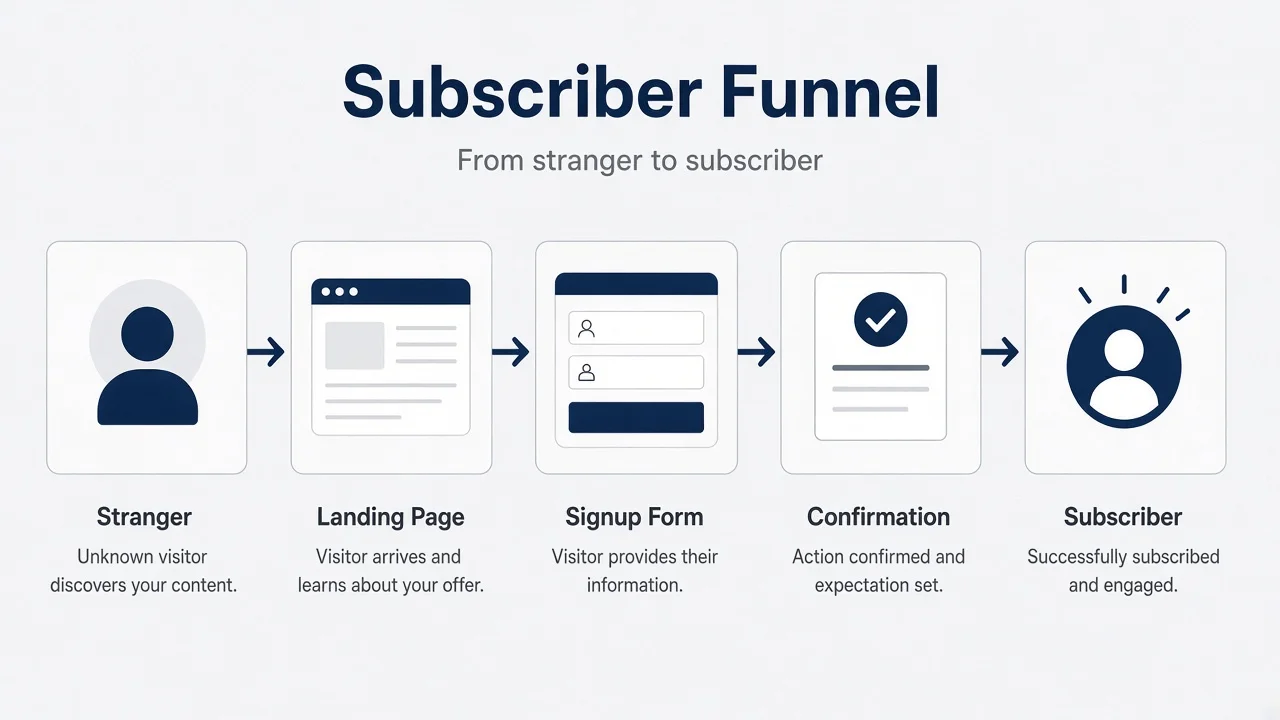 Funnel diagram from stranger to subscriber showing landing page, lead magnet, and confirmation steps