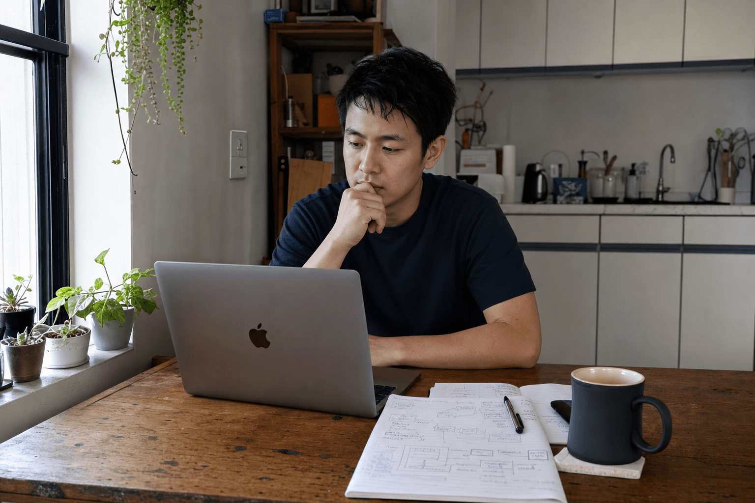A non-technical founder at a kitchen table directing an AI builder on a laptop while reviewing handwritten workflow notes on paper