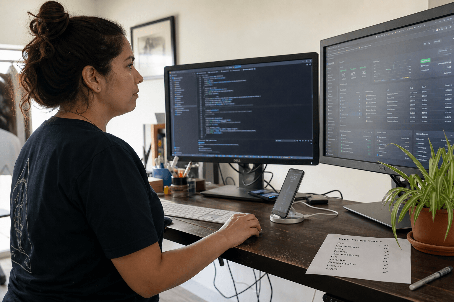 Solo founder at a standing desk with two monitors, a phone on a wireless charger, and a printed checklist of tool names