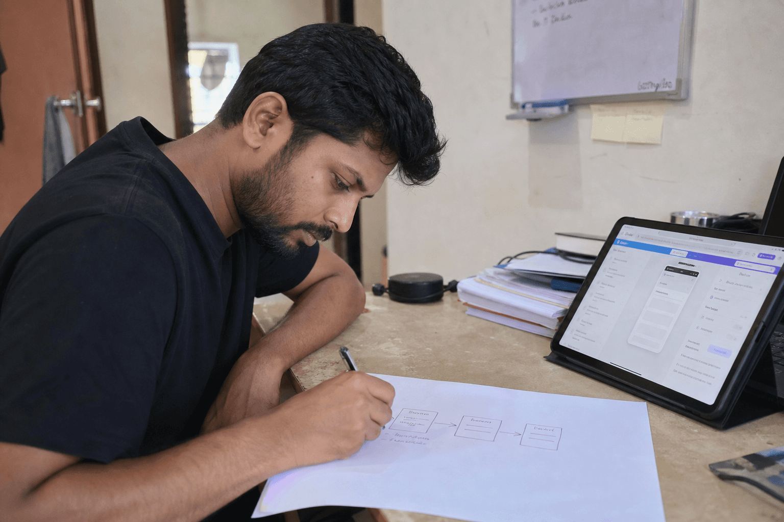 Person sketching three workflow boxes on paper next to a tablet showing a no-code app builder