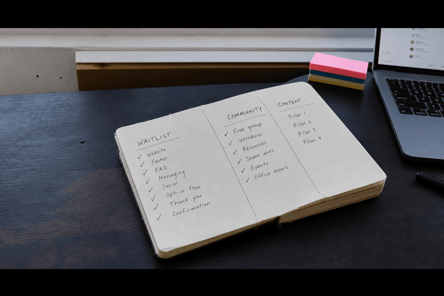 Notebook open to three columns labeled waitlist, community, and content with checkmarks under the first two
