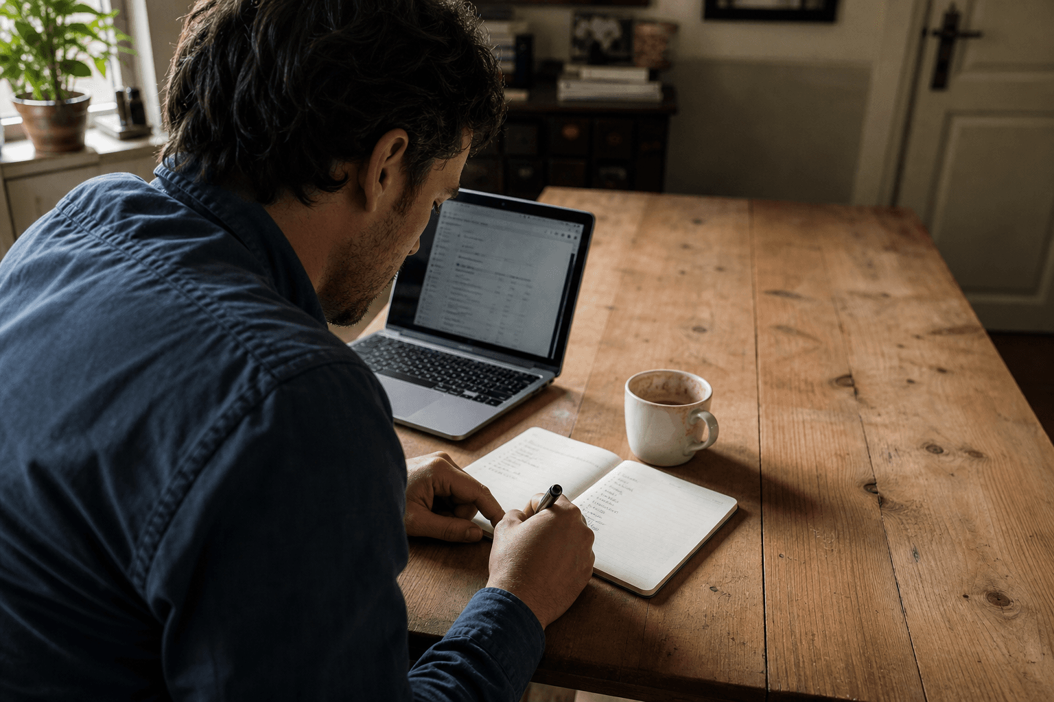 Solo founder at a kitchen table writing a short list of names in a notebook next to an open laptop