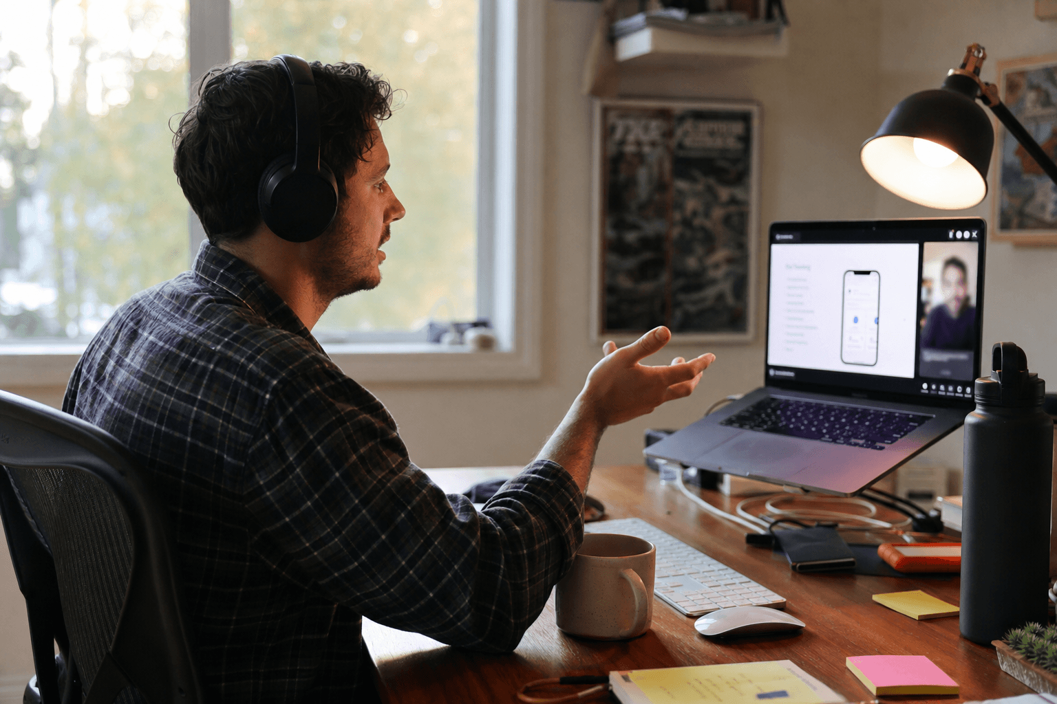 Founder on a video call sharing screen with a simple product demo to one other person, coffee mug and sticky notes on desk