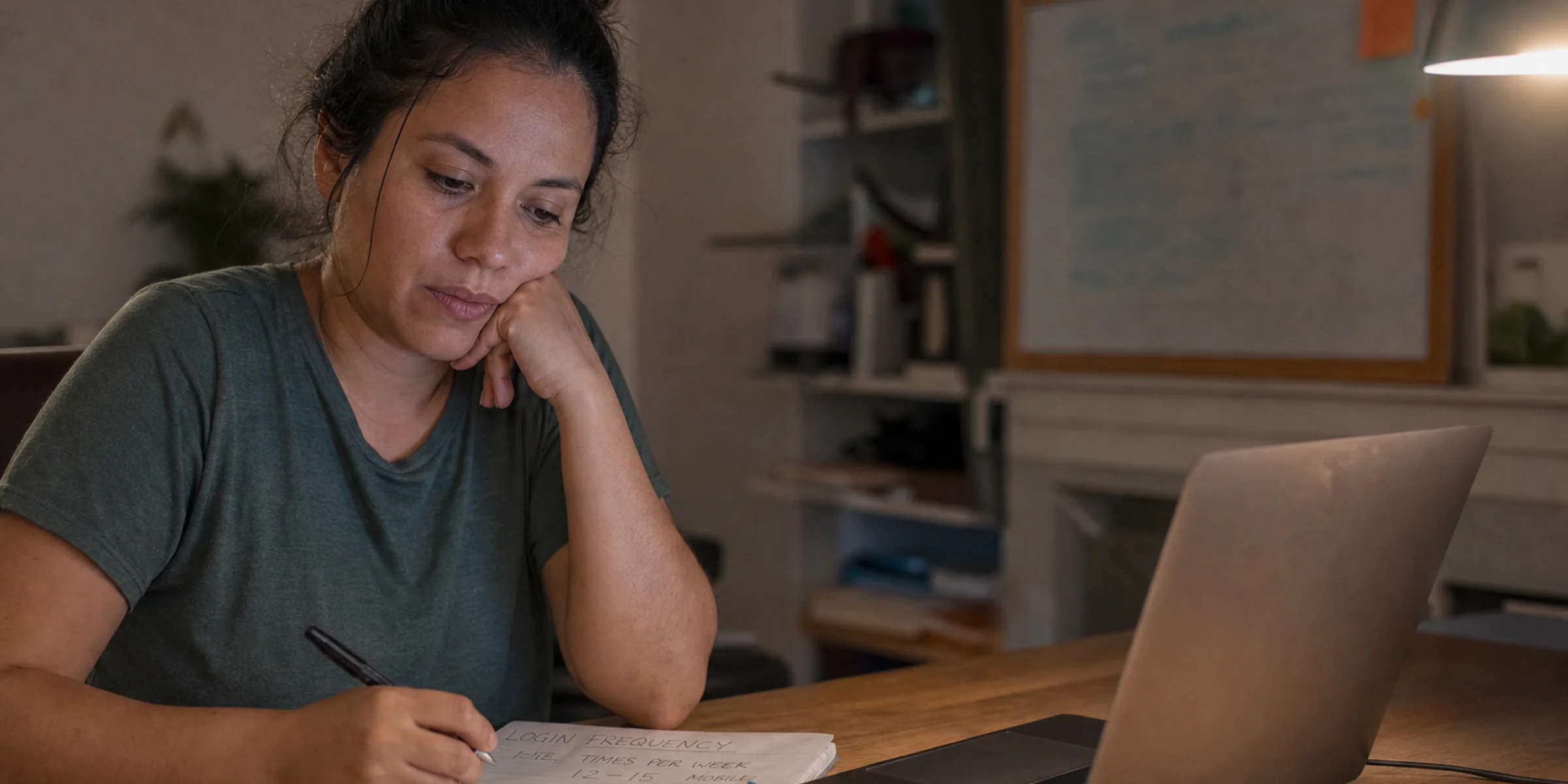 Latina founder at a desk with handwritten login frequency notes beside a laptop showing blurred analytics