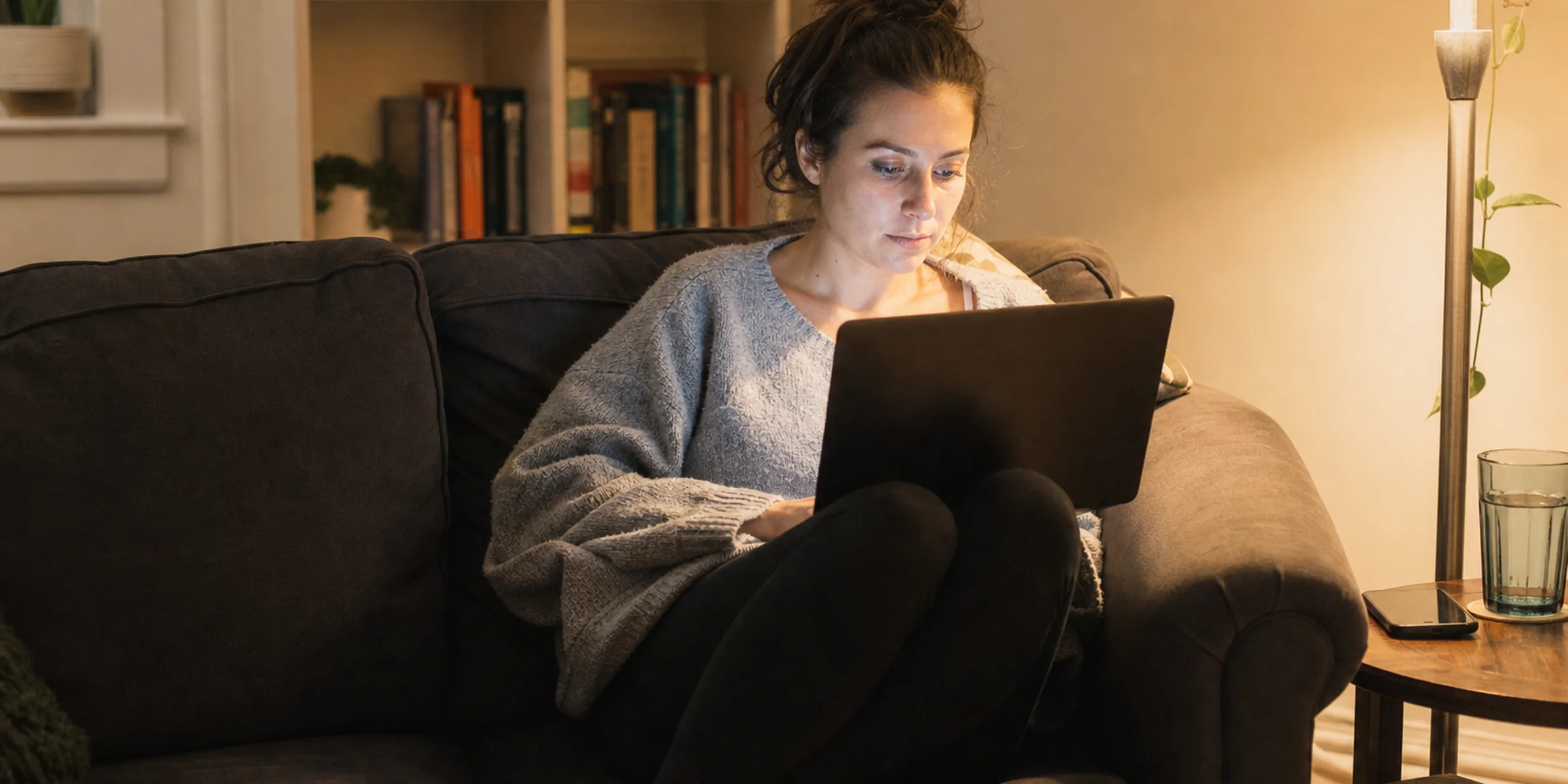 White founder on an apartment sofa with a laptop showing a blurred pre-filled project screen