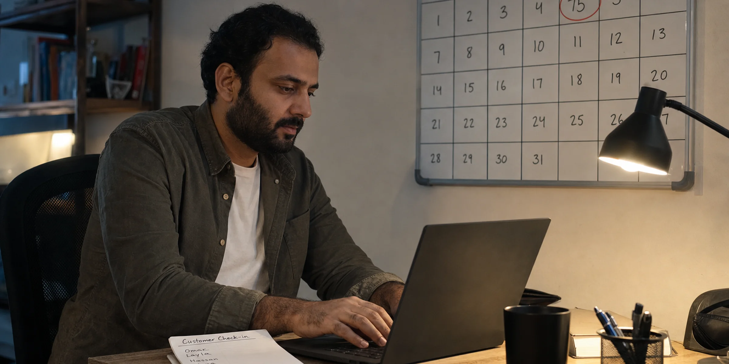 Middle Eastern founder at a desk composing a check-in email with a wall calendar showing day 75 circled