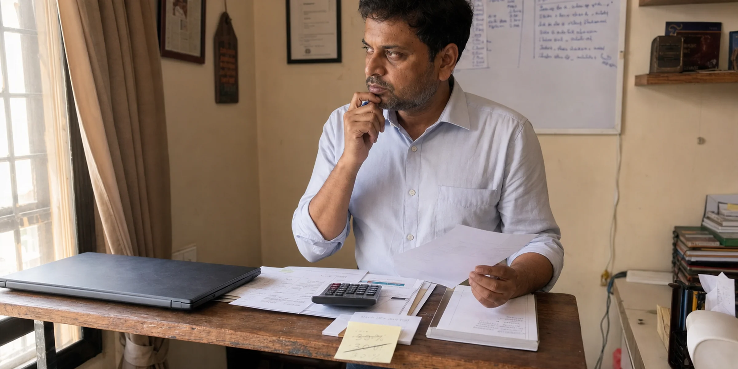 South Asian founder at a standing desk with printed invoice, calculator, and a crossed-out discount sticky note