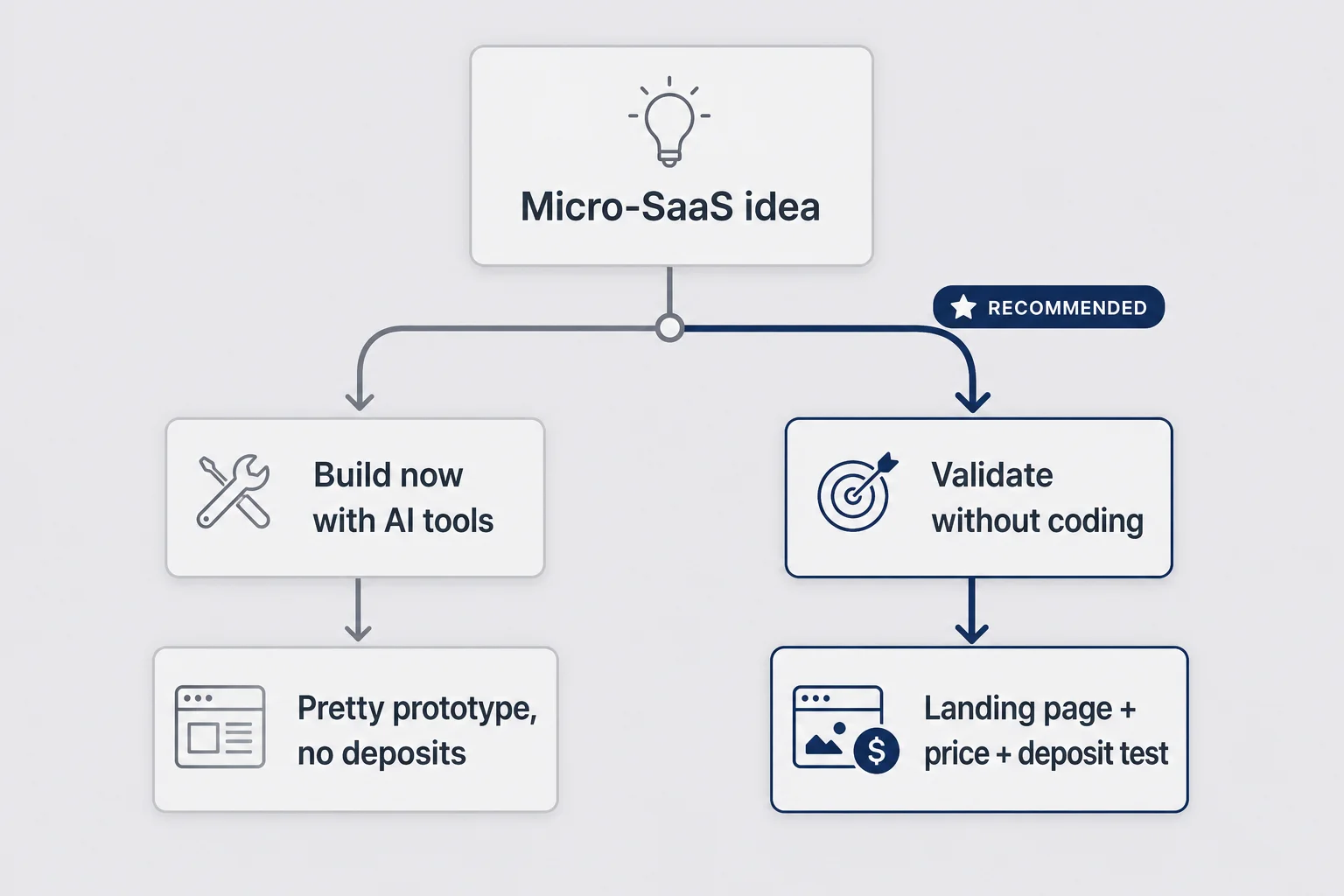 Two-path fork diagram comparing building with AI tools now against validating with a landing page and deposit test first