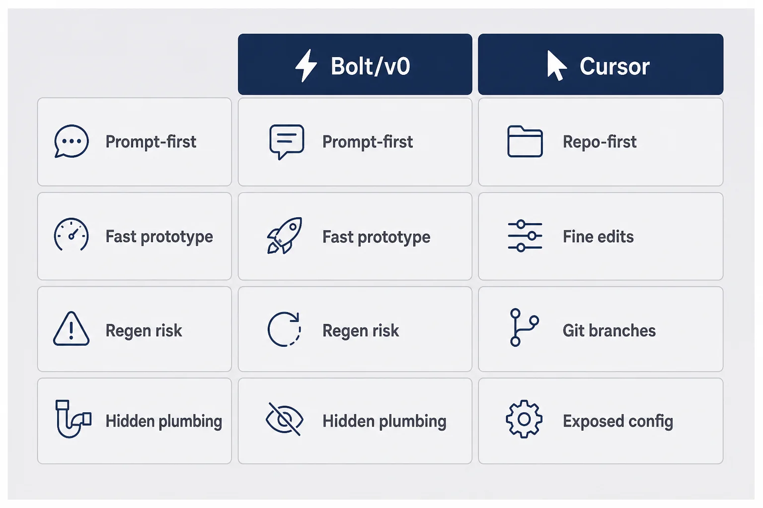 Two-column matrix comparing Bolt prompt-first prototyping versus Cursor repo-first maintenance