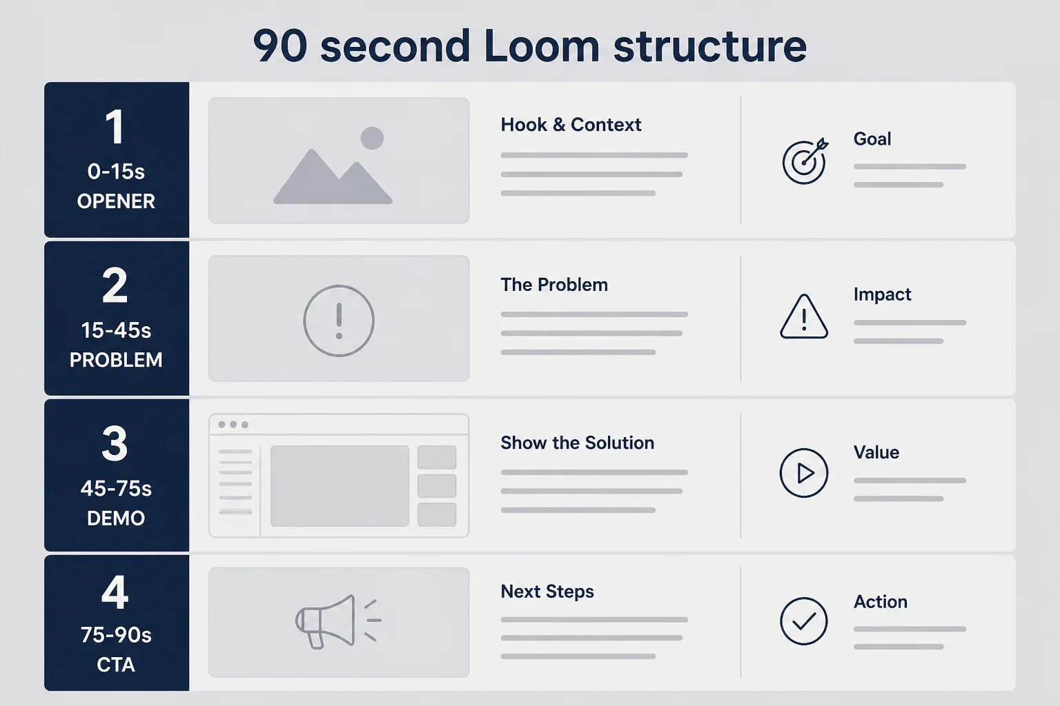 Annotated wireframe of a Loom frame with labeled zones for opener problem demo and call to action across ninety seconds