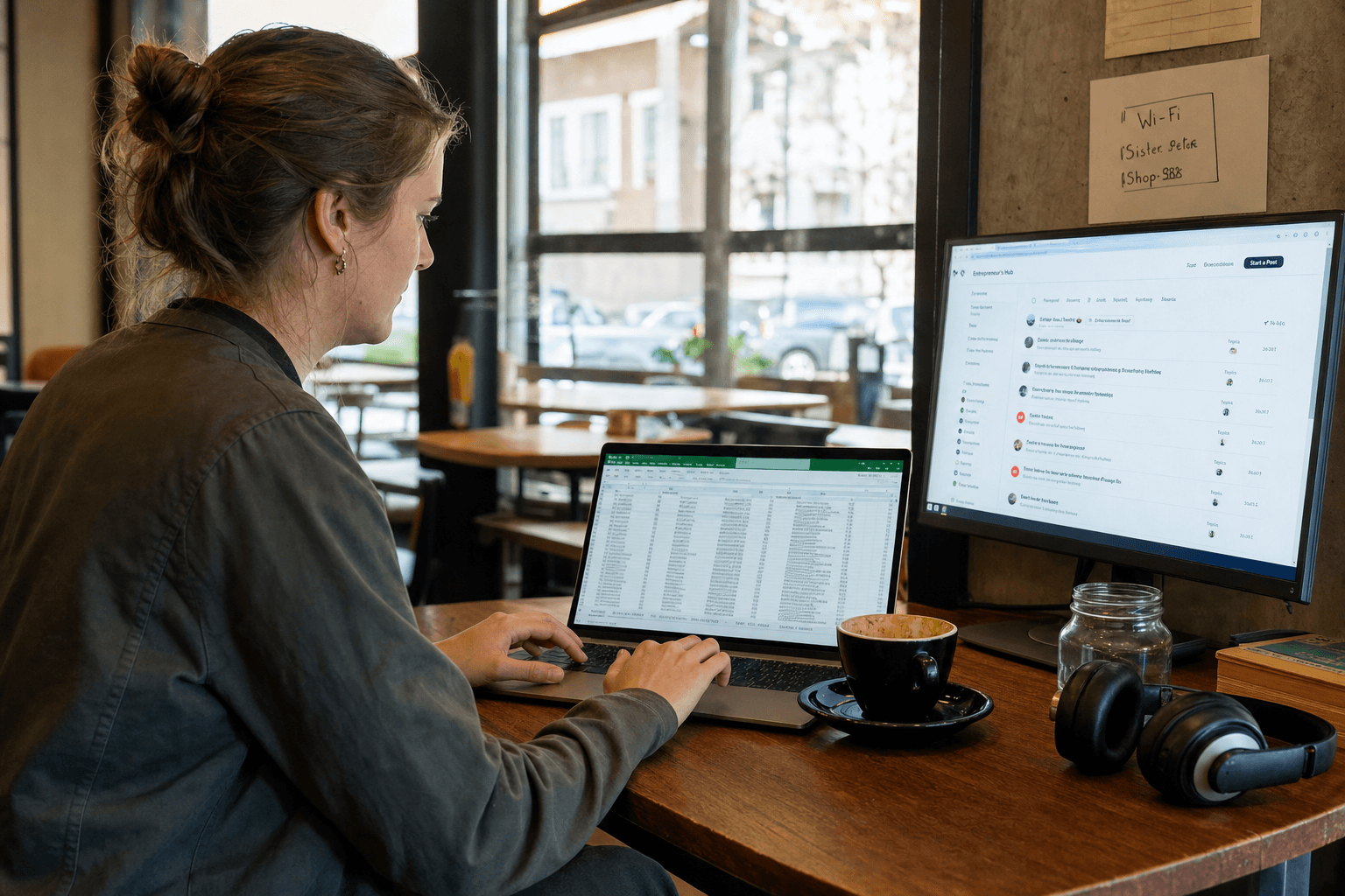 Solo founder building a prospect list in a spreadsheet on a laptop with community tabs open on a second monitor