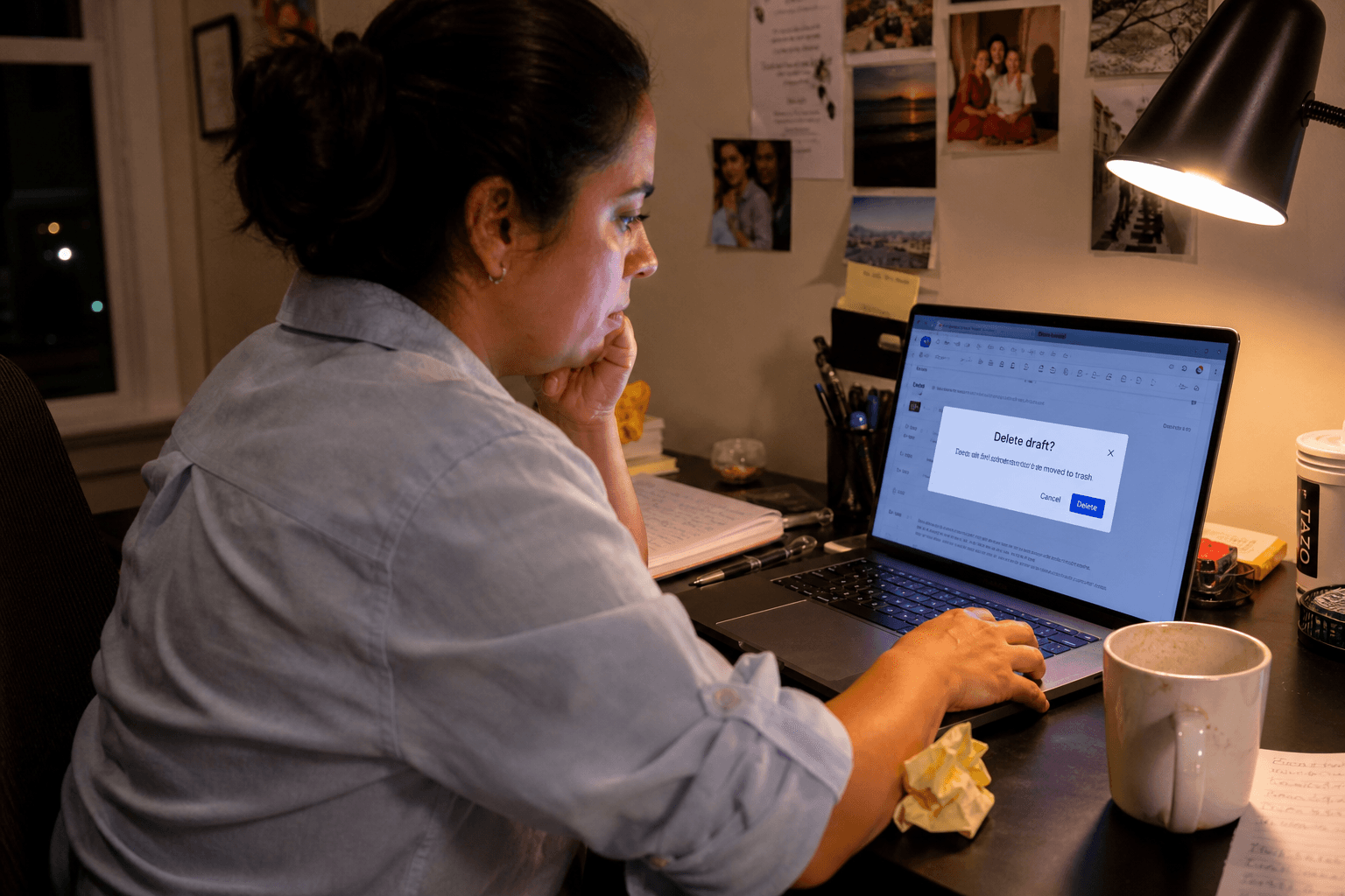 Person deleting a long promotional email draft on a laptop screen with a crumpled sticky note nearby