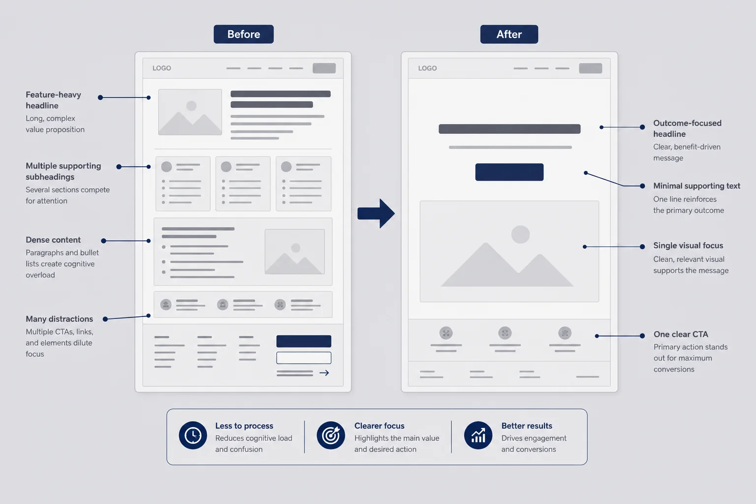 Before and after wireframe comparing a feature-heavy headline with an outcome-focused headline