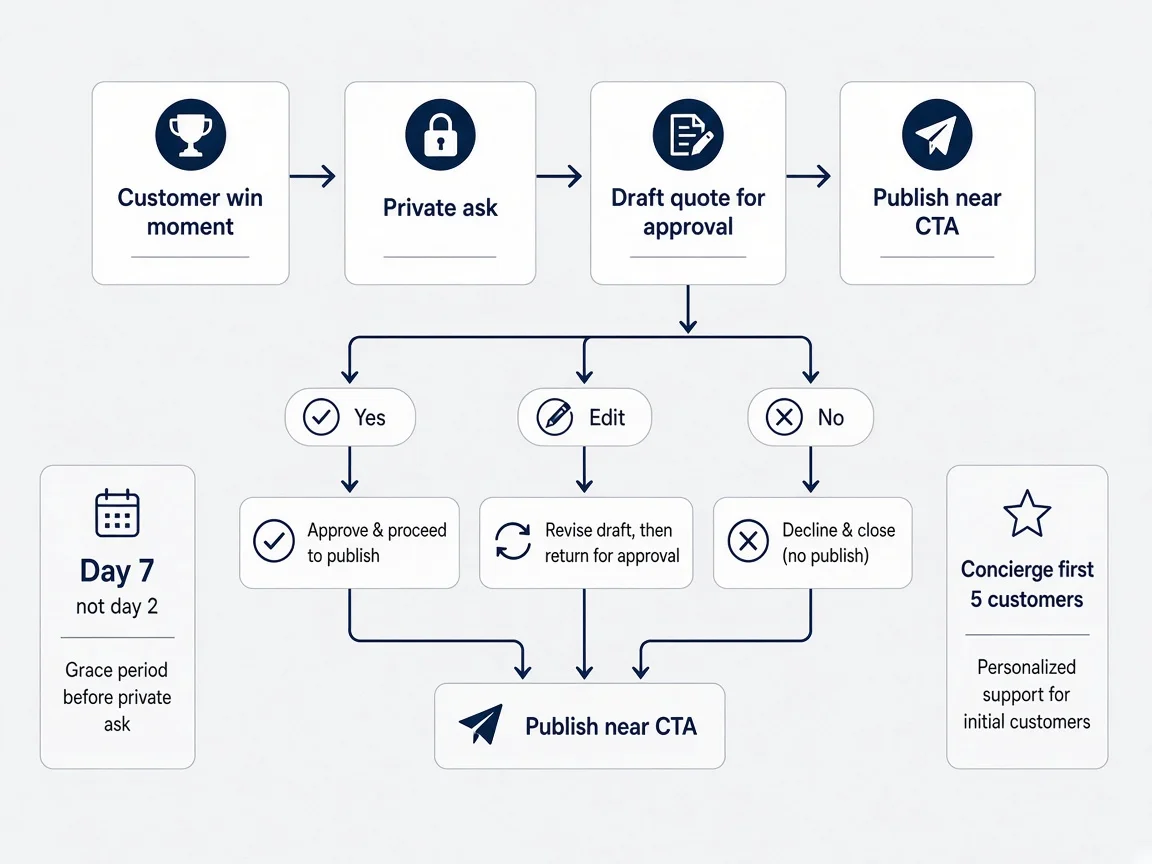Flowchart from customer win moment through permission ask to published quote with decision branches for yes, edit, and decline