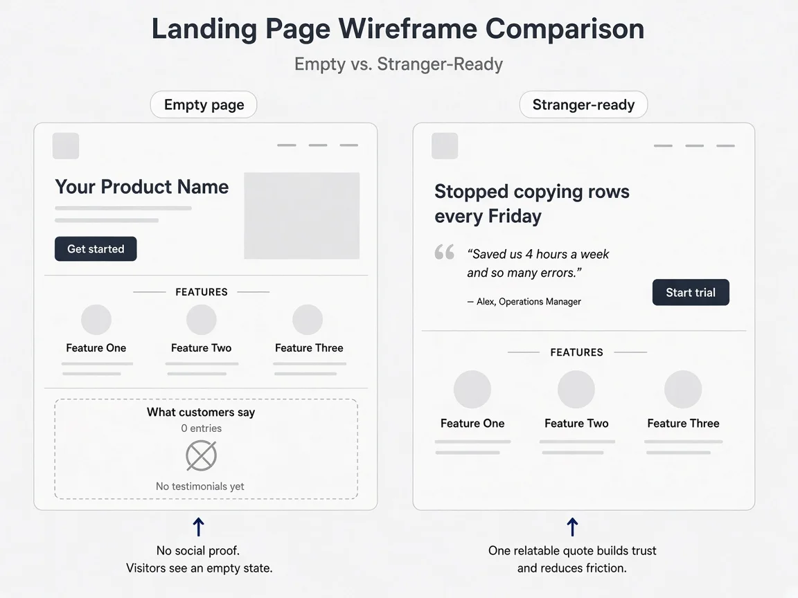 Side-by-side landing page wireframes comparing an empty testimonial carousel section with a page that leads with one outcome quote near the signup button