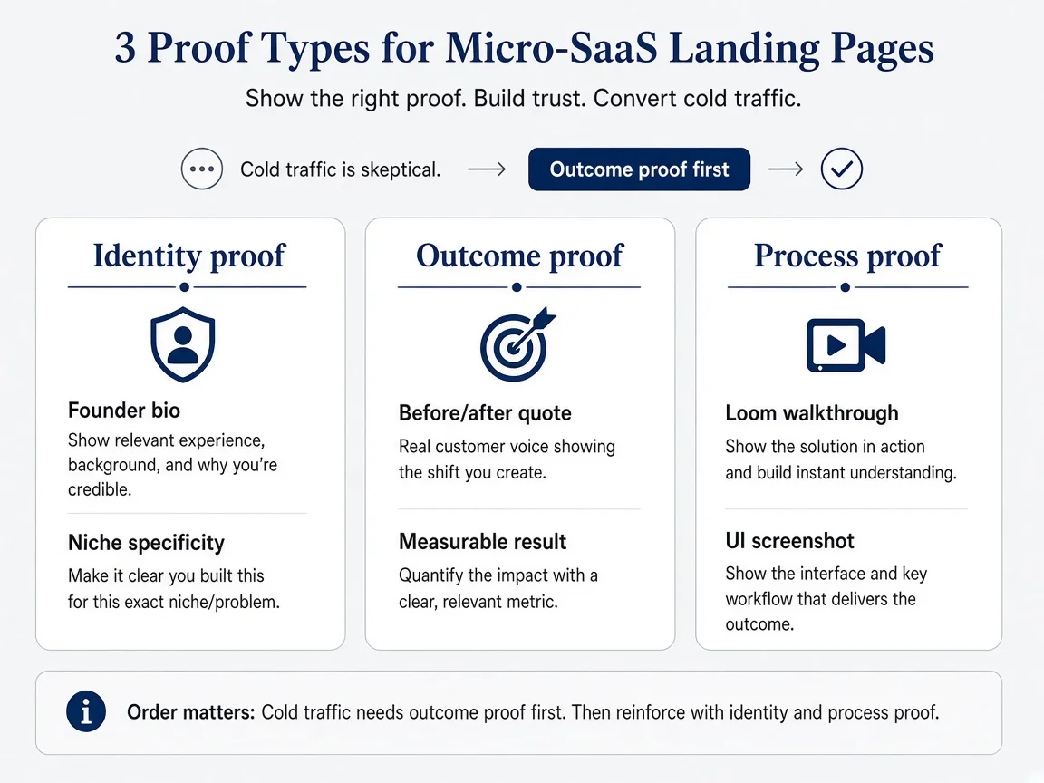 Triangle diagram labeling identity proof, outcome proof, and process proof with examples for each type on a micro-SaaS landing page