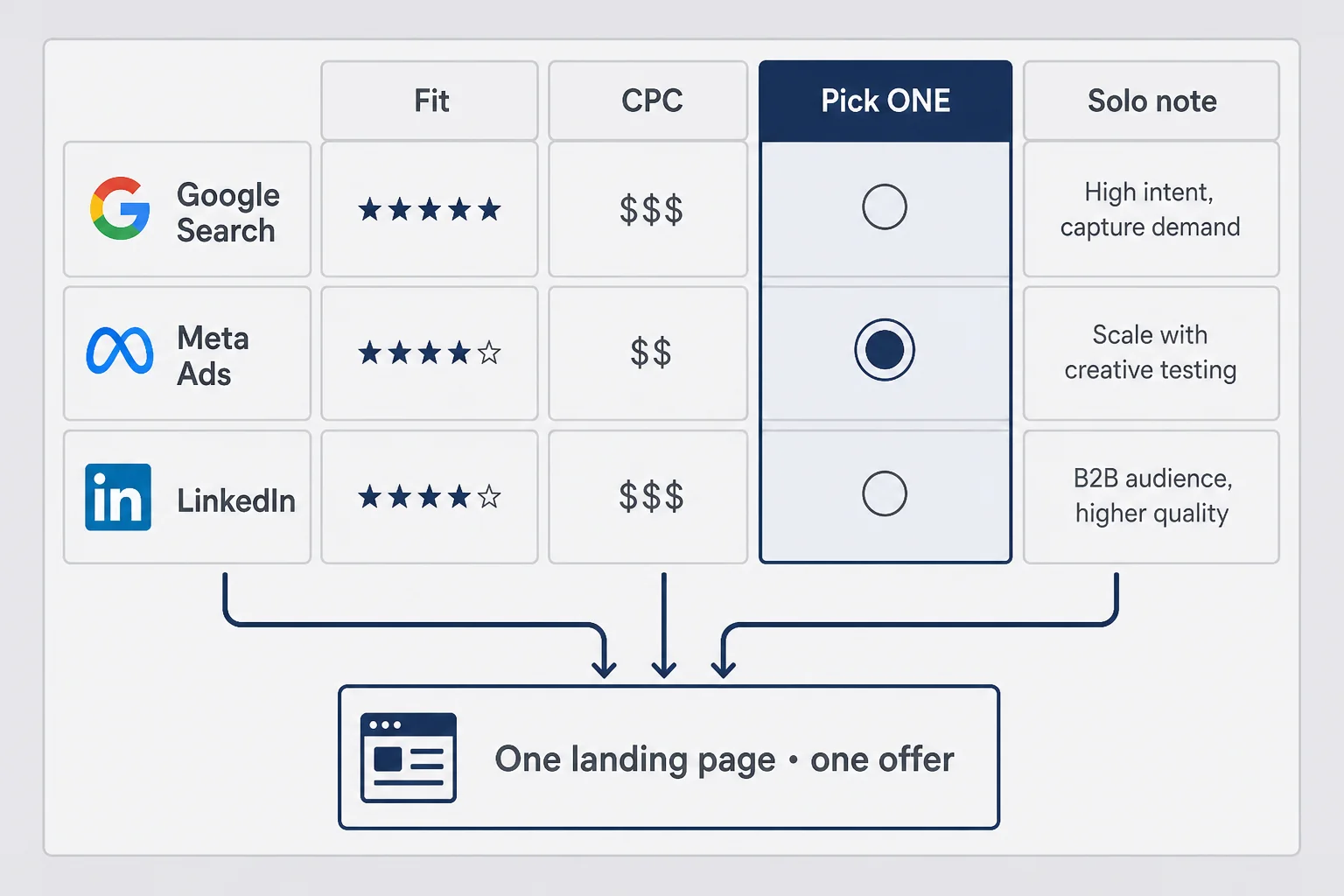 Matrix comparing Google search Meta retargeting with one landing page anchor