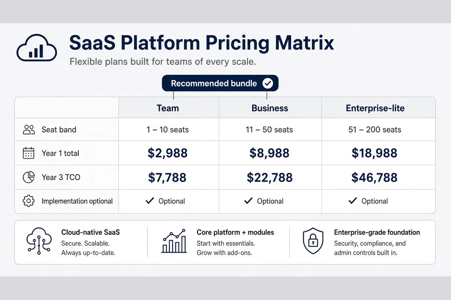 Matrix comparing three tier columns with annual totals, seat bands, and optional implementation row