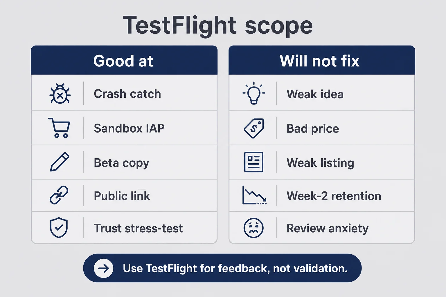Two-column matrix comparing what TestFlight is good at versus what it will not fix