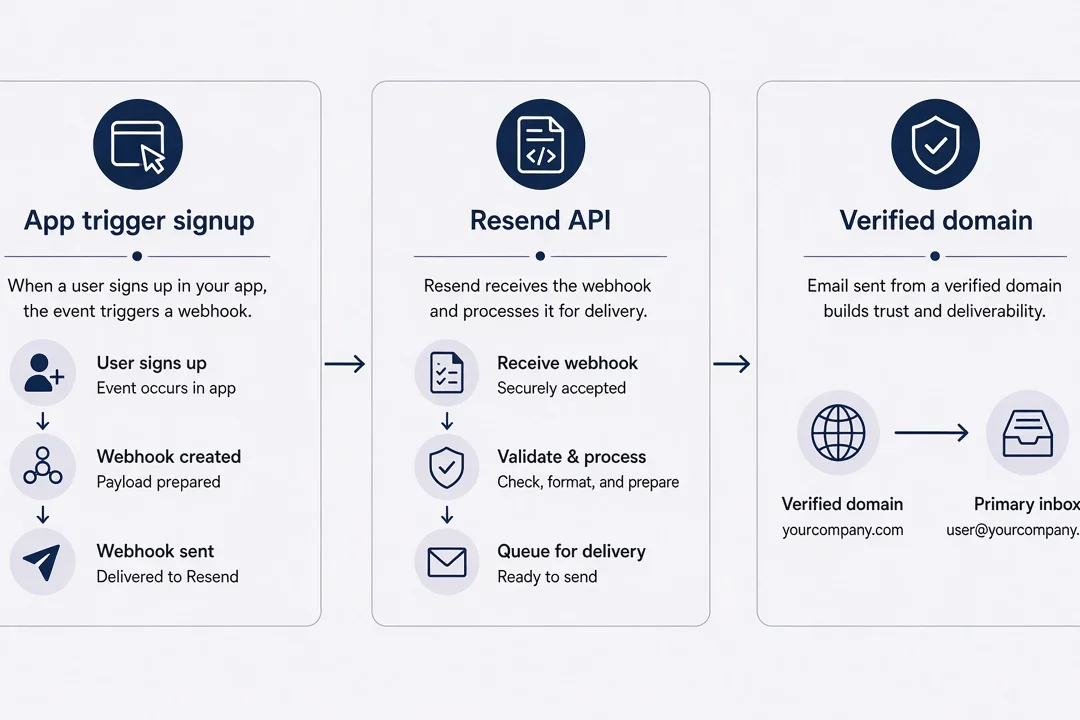 Comparison diagram of app trigger, Resend API, and verified domain path to inbox