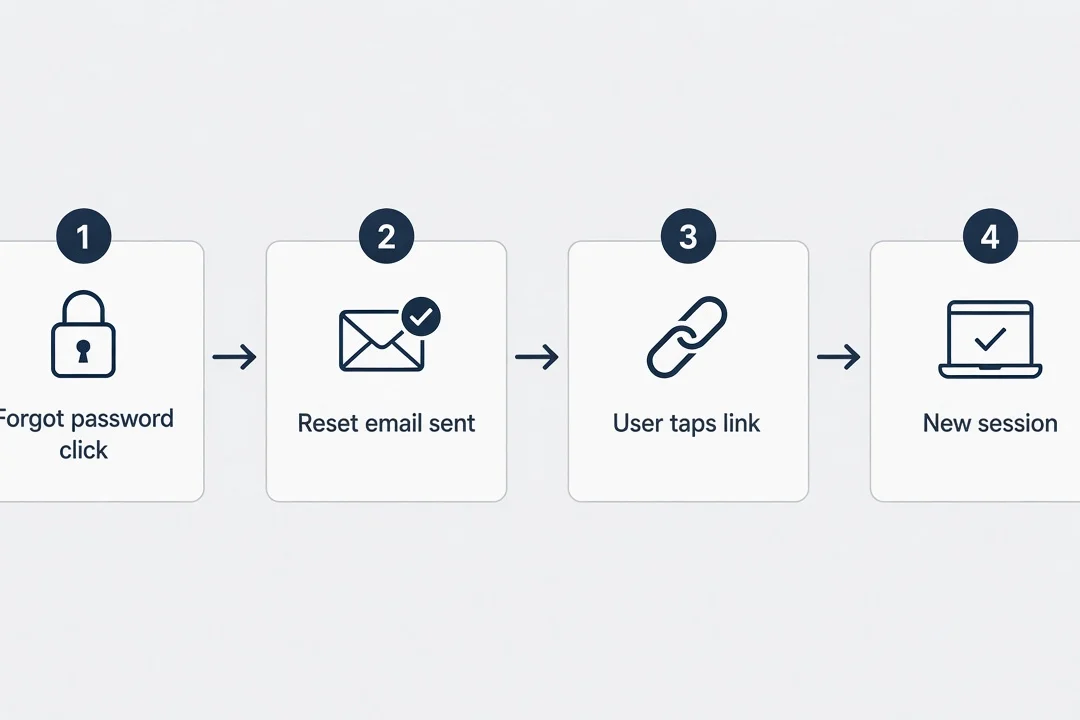 Timeline diagram from forgot-password click through reset email to new session