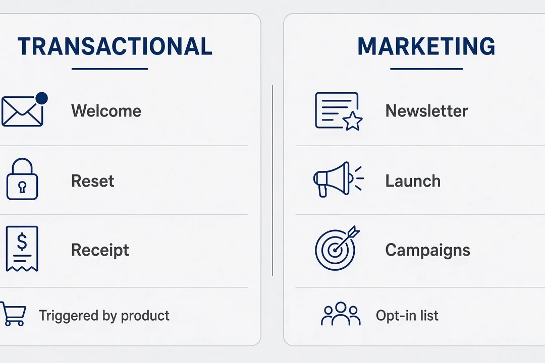 Two-column matrix comparing transactional triggers and marketing campaigns