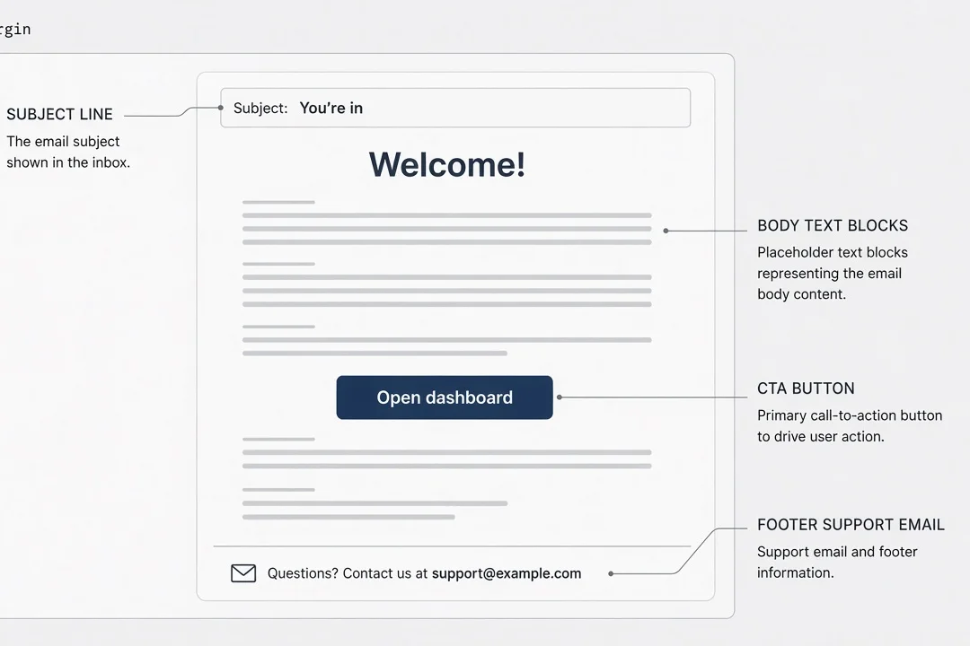 Wireframe of welcome email with subject line, single CTA button, and support footer