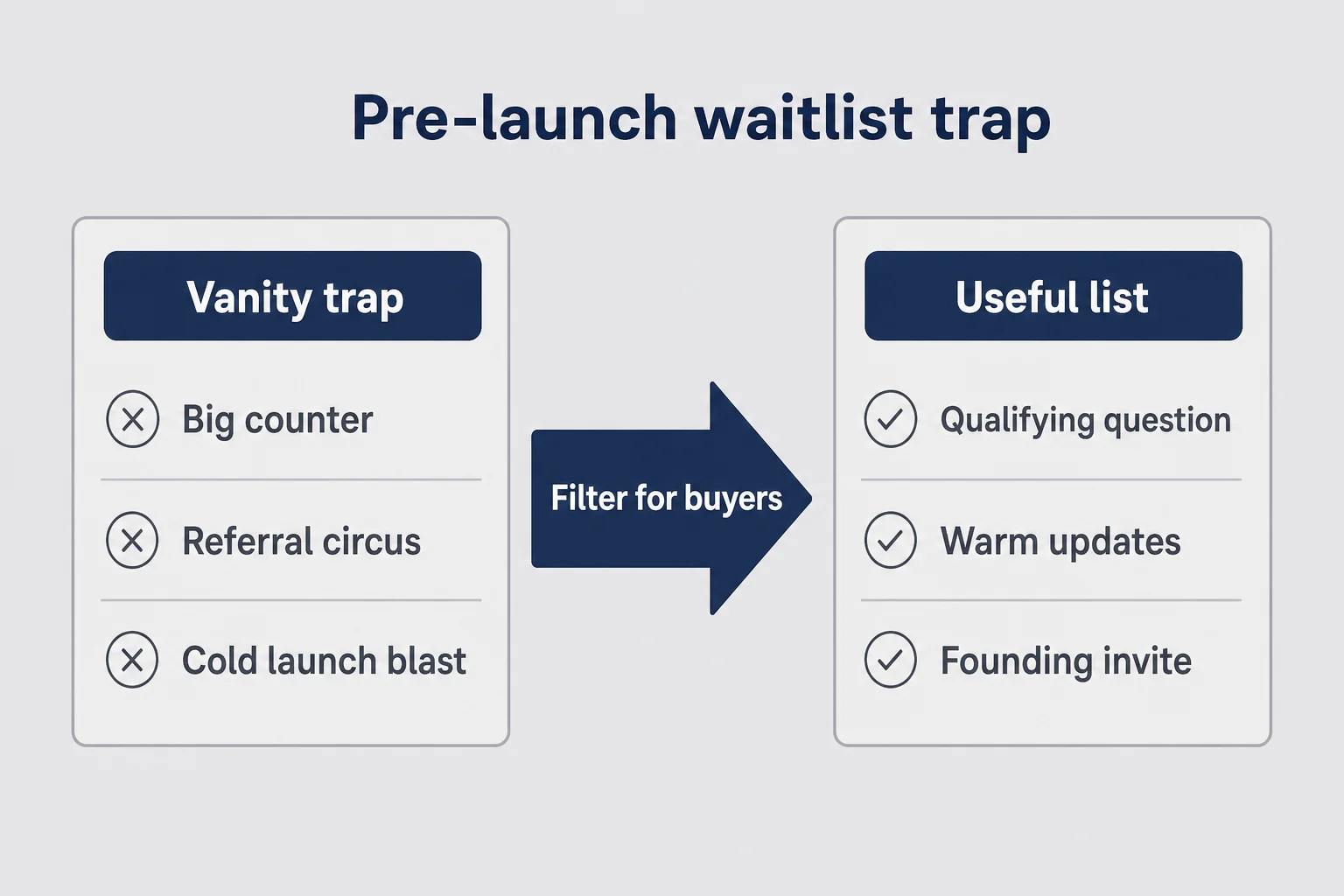 Two-column comparison of a vanity waitlist trap versus a useful qualified list