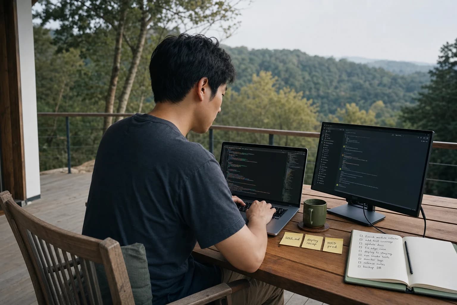 Solo founder on a terrace desk with laptop and large monitor beside handwritten agent rules on sticky notes and a forest valley view