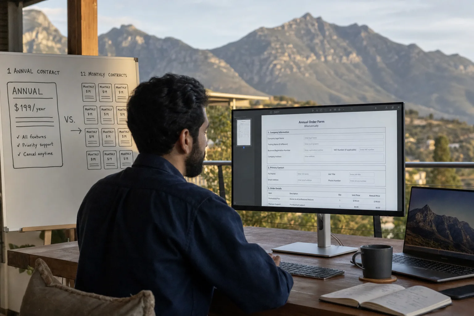 Founder at a desk signing an annual order form on screen while a whiteboard shows one large contract replacing many small subscription cards