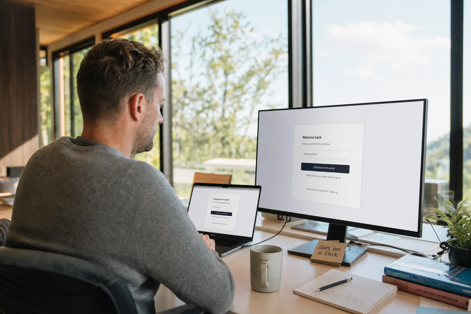 Solo founder at a modern home desk with a laptop and large monitor showing a login screen, sticky note nearby, tall windows behind