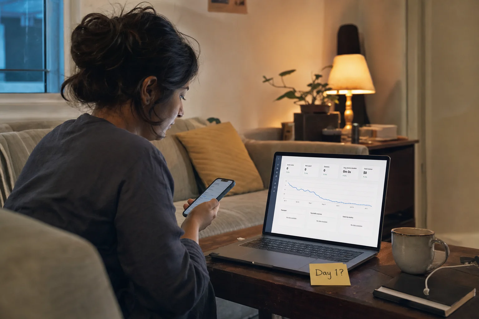 Solo founder on a couch holding a phone while a laptop on a coffee table shows a declining analytics chart