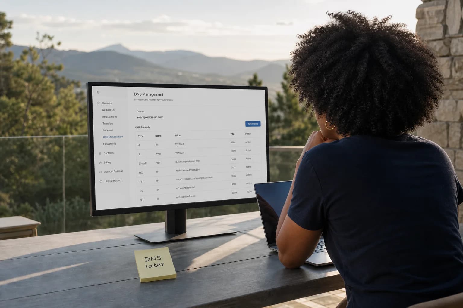 Solo founder on a home terrace at a wooden table with a large monitor showing a domain DNS settings screen, laptop, and a sticky note, landscape view beyond the railing