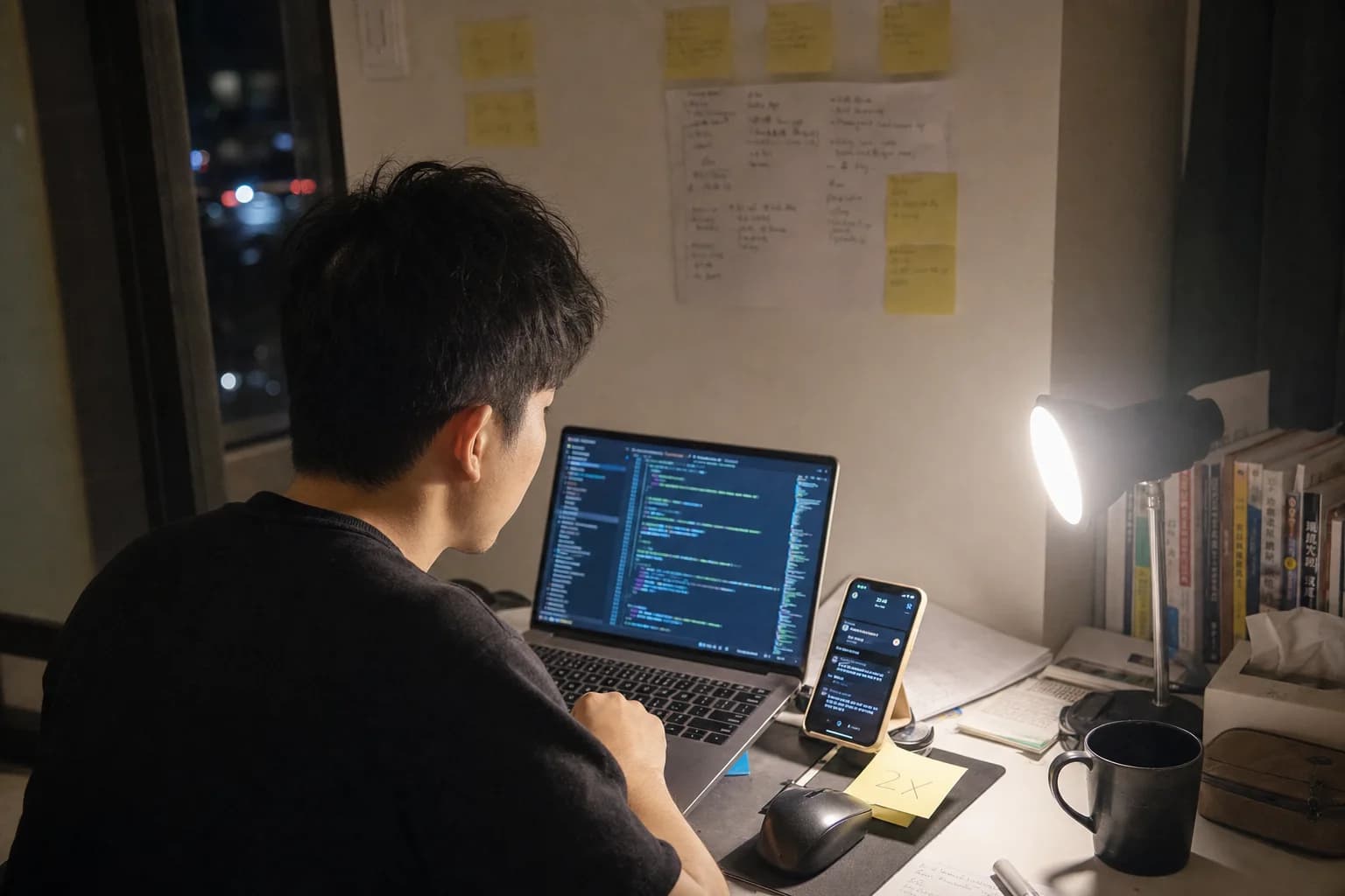 Solo founder at a home desk leaning toward a laptop screen with phone beside keyboard under warm desk lamp light