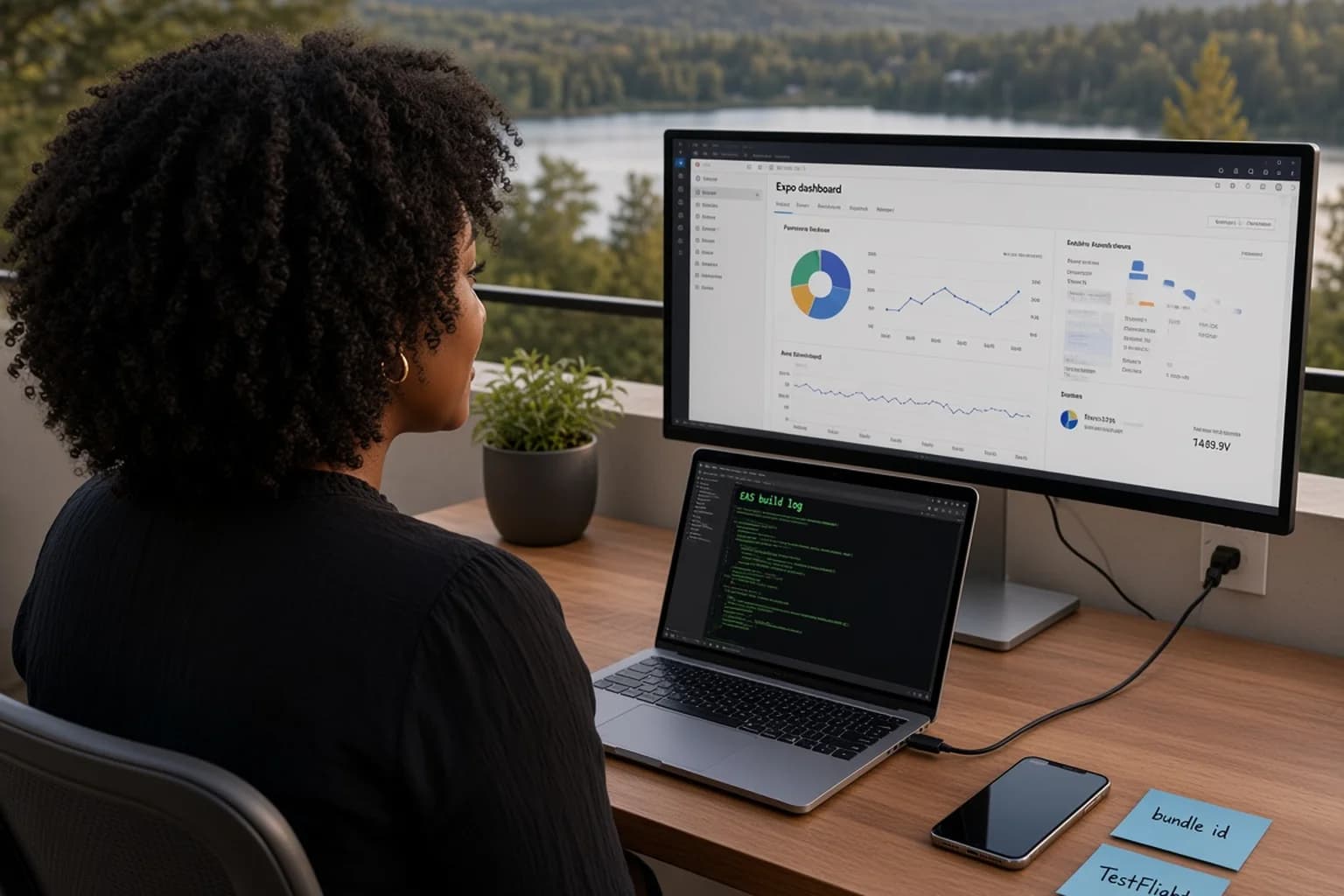 Solo founder at a modern terrace desk with laptop, large monitor showing build logs, iPhone, and sticky notes beside a lake view