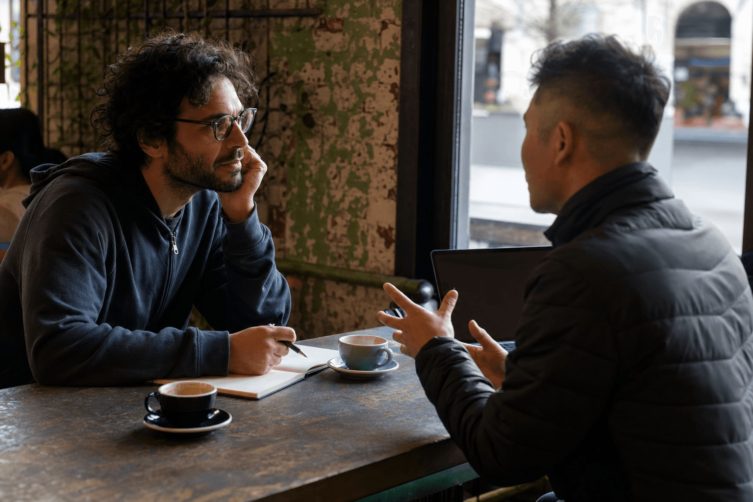 Solo founder at a café table listening to a customer explain a workflow problem, notebook open between them