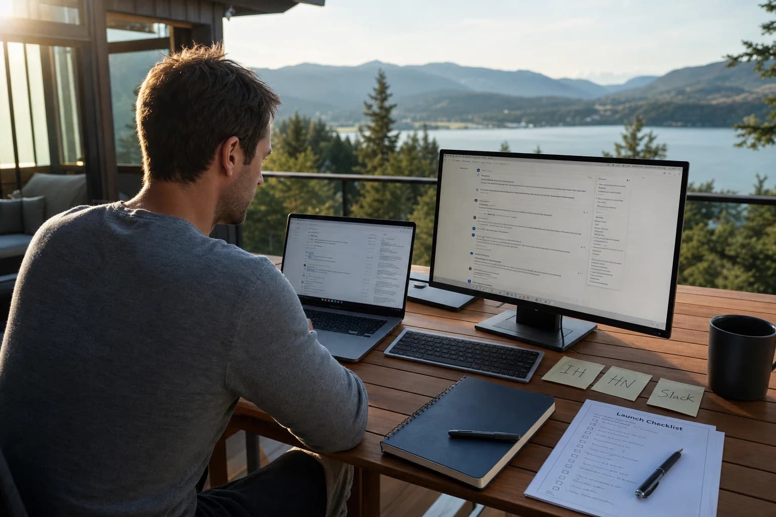 Solo founder on a home terrace with laptop and monitor showing forum threads, sticky notes labeled IH, HN, and Slack, and forest valley in the background