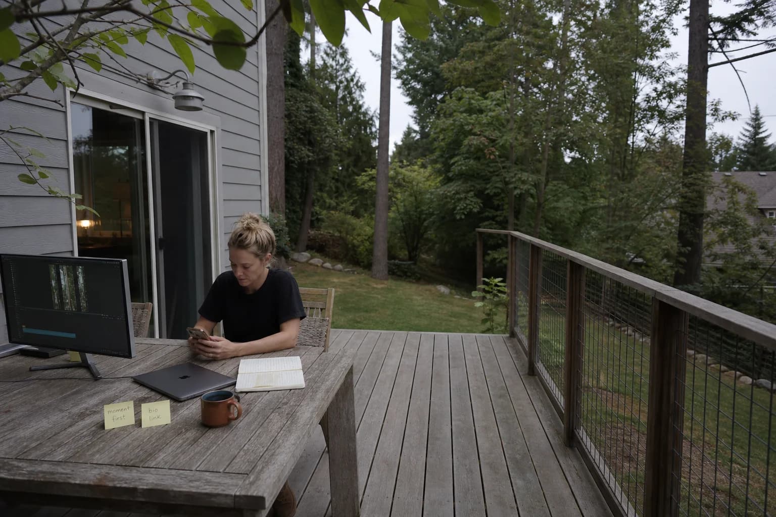 Solo founder on a backyard deck filming a phone Reel beside a laptop, large monitor, and sticky notes labeled moment first and bio link