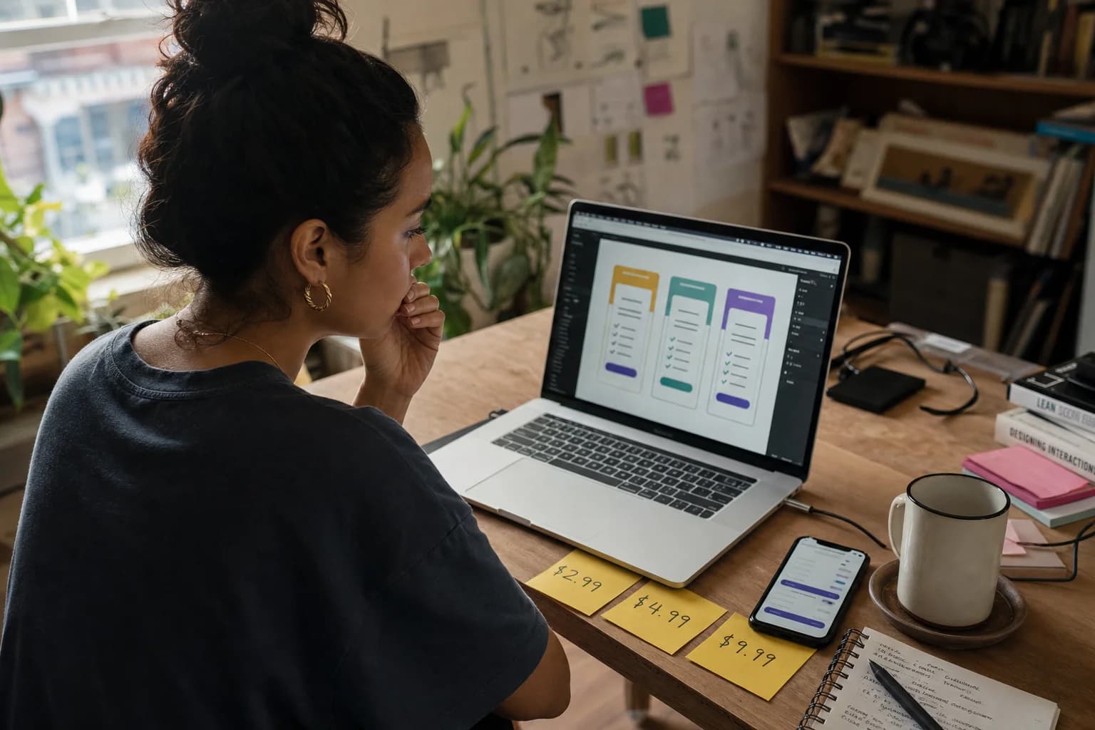 Solo founder at a home desk comparing three paywall price options on a laptop beside an iPhone showing a subscription screen