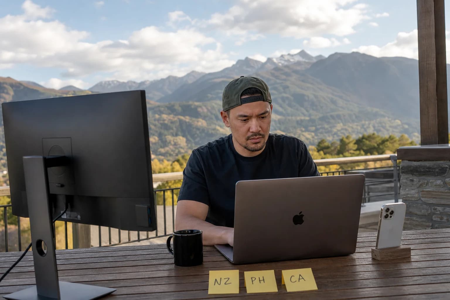 Solo founder on a terrace desk with laptop, large monitor, and iPhone beside sticky notes labeled with country codes