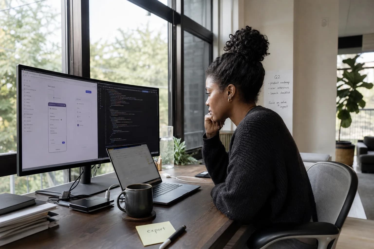 Solo founder at a modern home desk with a laptop and large monitor showing code editor and builder tabs side by side