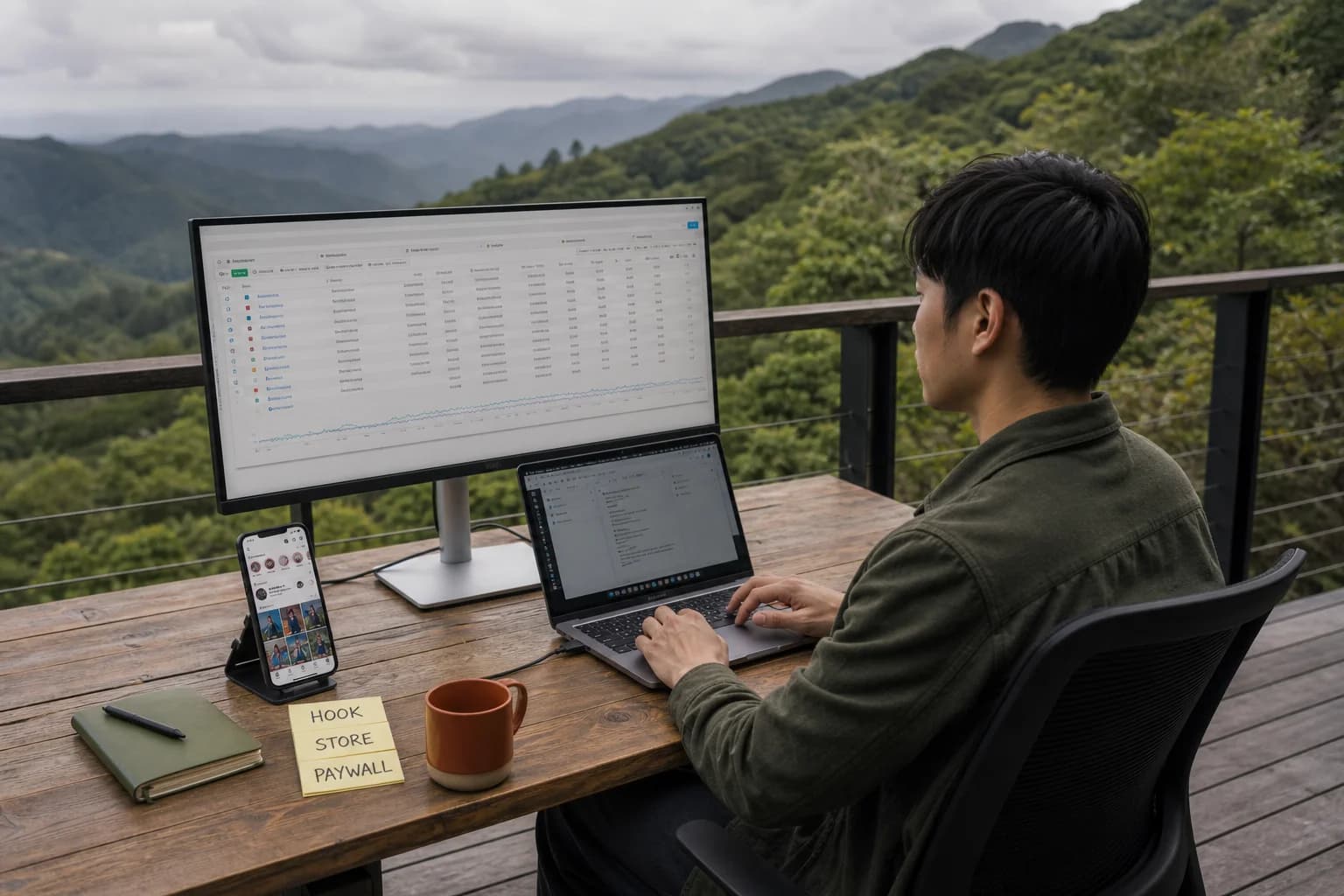 Solo founder on a forest deck terrace with laptop, large monitor, and iPhone reviewing ad creative notes on sticky labels