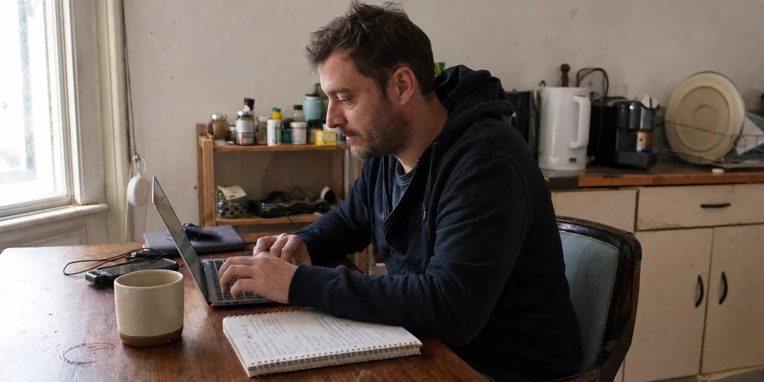 Solo founder at a kitchen table writing a short personalized launch email with a laptop and notebook