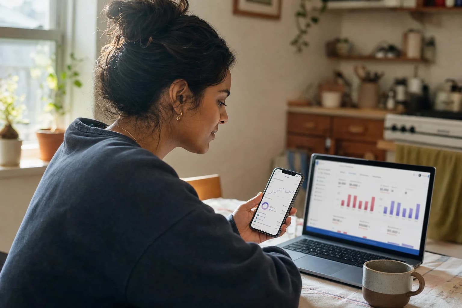 Solo founder at a kitchen table checking subscription revenue on a laptop beside an iPhone showing App Store Connect analytics