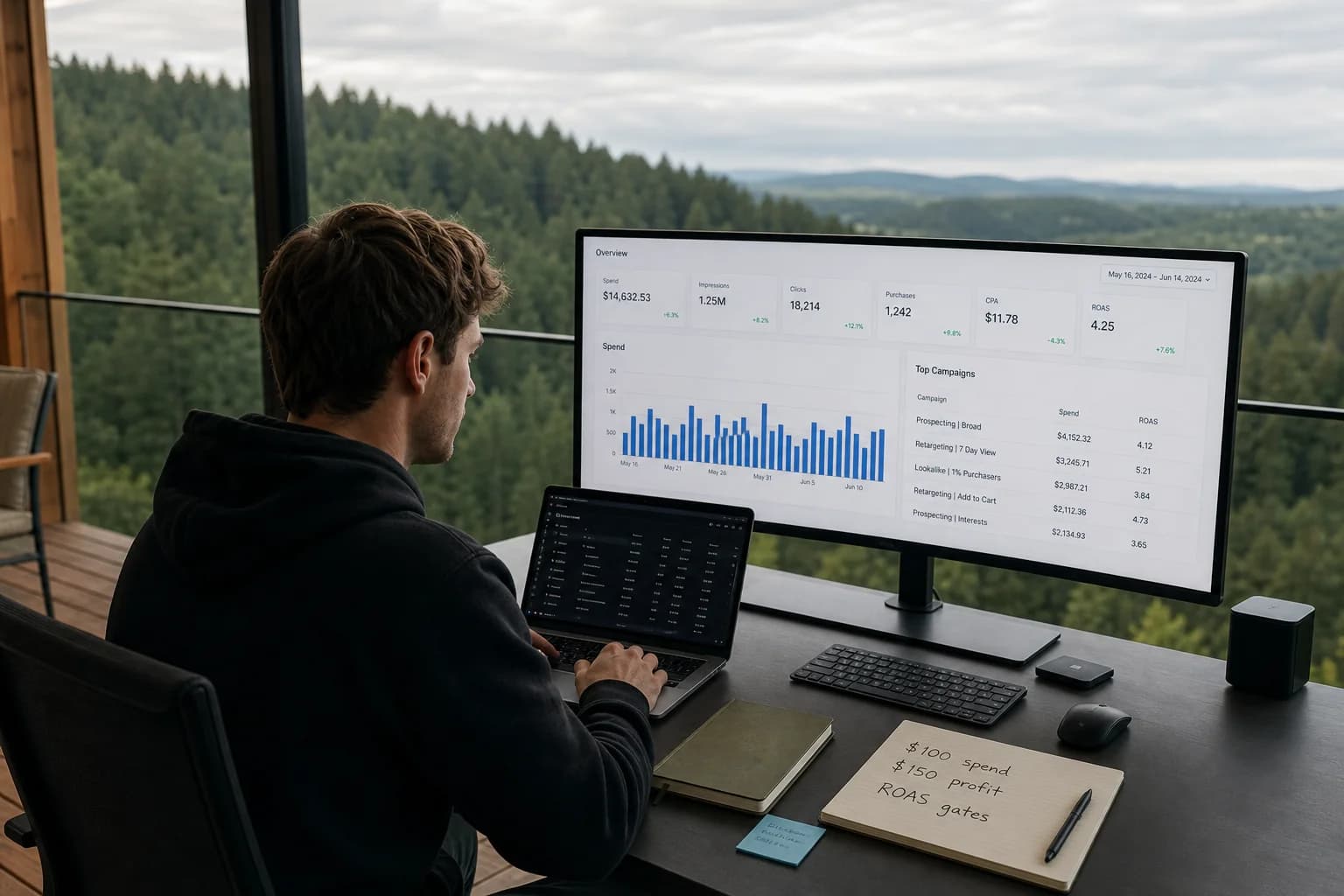 Solo founder on a terrace with a laptop and large monitor showing an ads dashboard, handwritten profit math on a notepad, forest landscape beyond the railing
