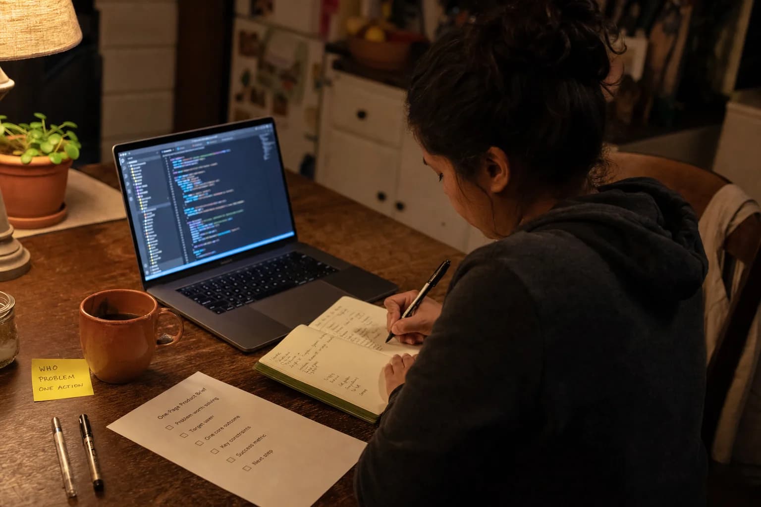Solo founder at a kitchen table writing a product brief in a notebook beside a laptop under a warm lamp