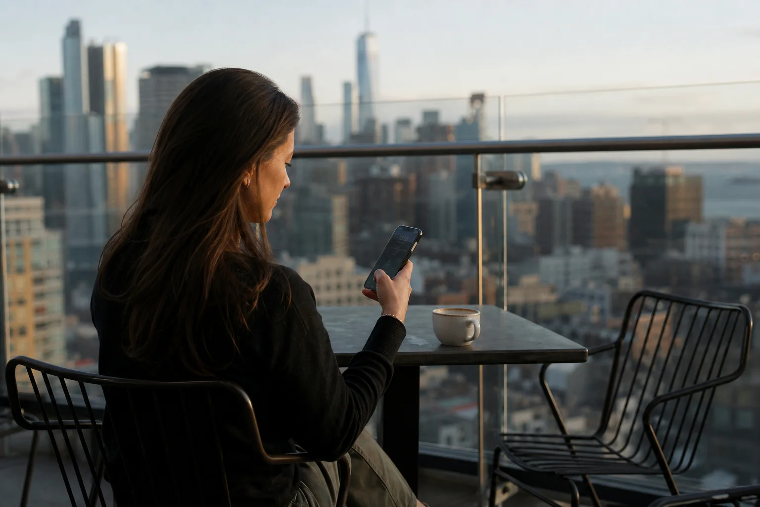 Solo founder at a cafe table on a high-rise terrace with city skyline view, holding a phone beside a coffee cup