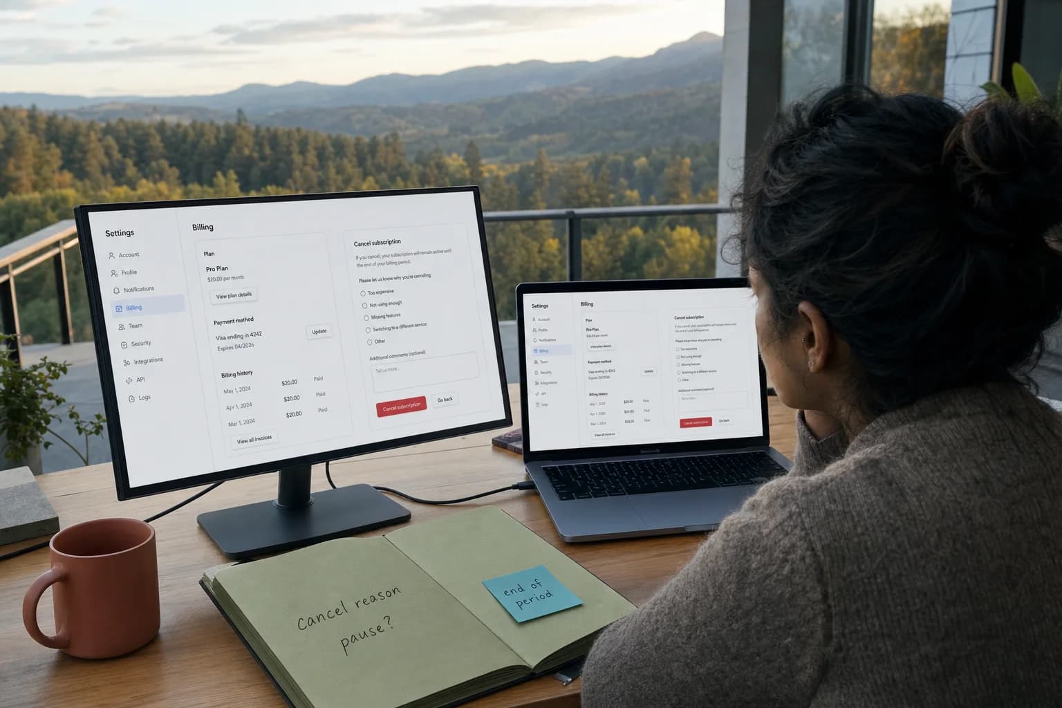 Solo founder at a desk with a laptop and large monitor showing a cancel-subscription screen, notebook and sticky note nearby, landscape beyond tall windows
