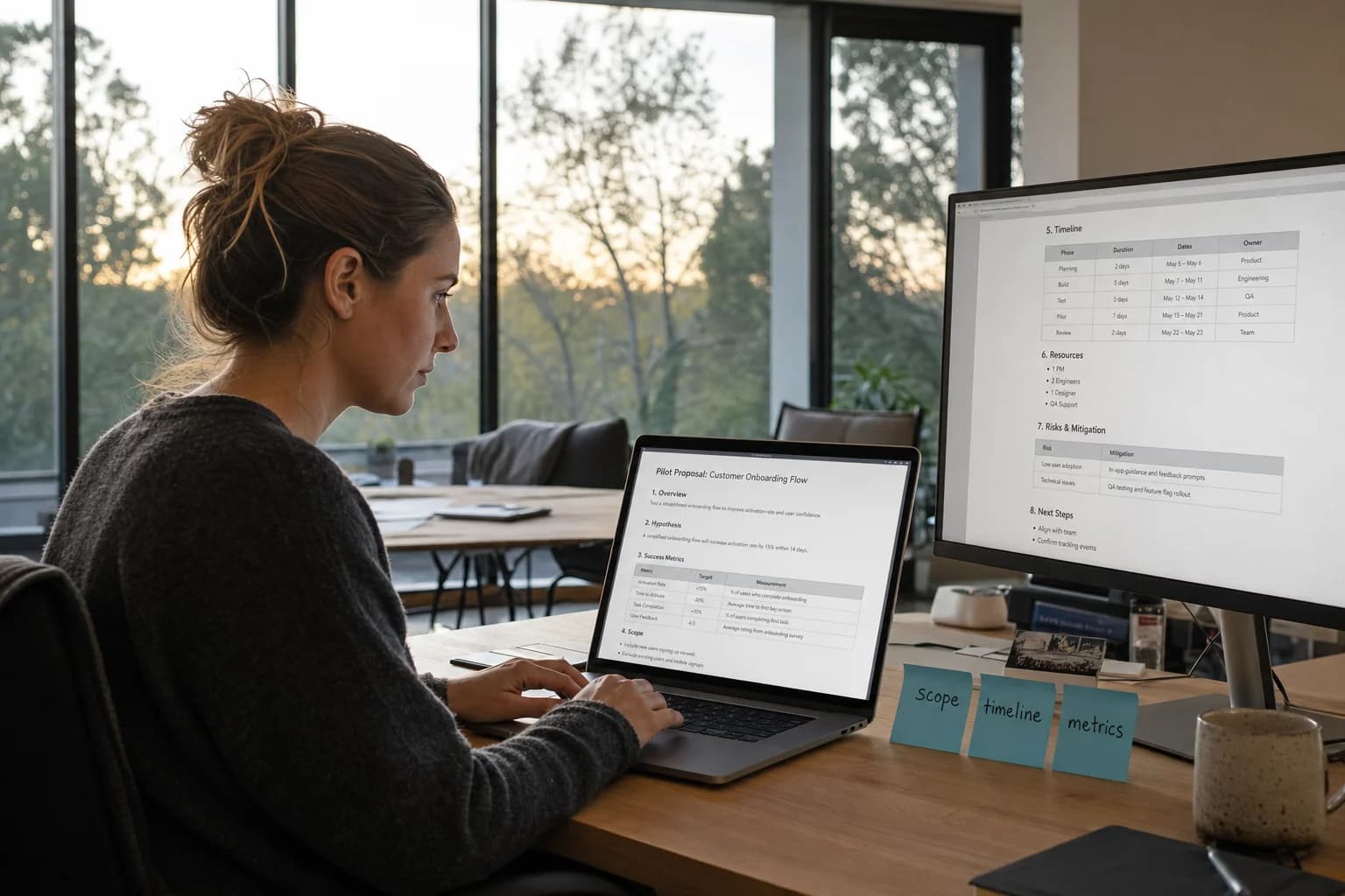 Solo founder reviewing a one-page pilot proposal on a laptop with scope timeline and success metrics sticky notes on a desk